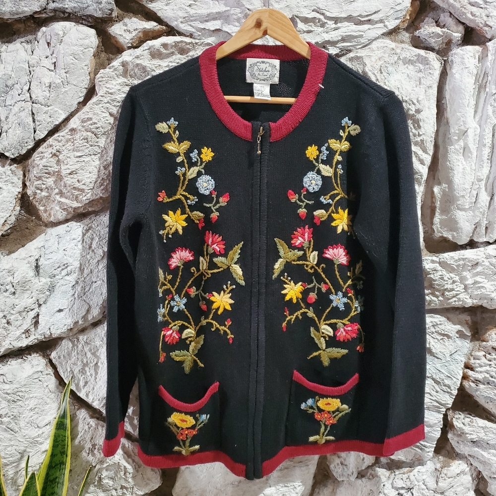 Vintage Stitches In Time Grandma Cardigan Embroidered Floral Sweater Women's S